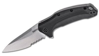 Link Serrated Edge Assisted Flipper Knife 3.25" Stonewashed Combo Blade, Glass-Filled Nylon Handle 1776ST