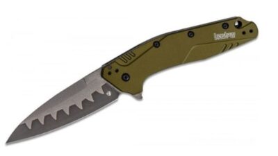 Dividend Composite  Assisted Flipper Knife 3" N690 and CPM-D2 Composite Bead Blasted Plain Blade, Olive Aluminum Handle, Liner Lock 1812OLCB