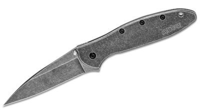 Ken Onion Leek Assisted Flipper Knife 3" Blackwash Plain Blade, Stainless Steel Handle, Frame Lock 1660BLKW