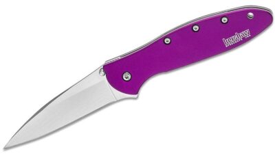 Ken Onion Leek Assisted Flipper Knife 3" Bead Blast Plain Blade, Purple Aluminum Handle, Liner Lock 1660PUR