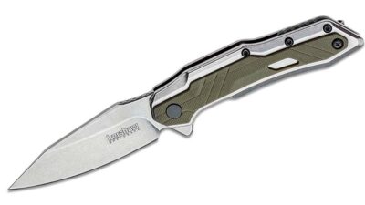 Salvage Assisted Flipper Knife 2.9" Stonewashed Clip Point Blade, Stainless Steel Handle with Olive GFN Overlays, Frame Lock1369