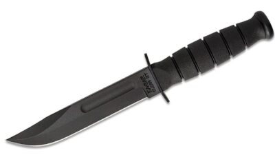 Short Black Fighting Knife 5.25" Plain Blade, Kraton G Handle, Leather Sheath 1256