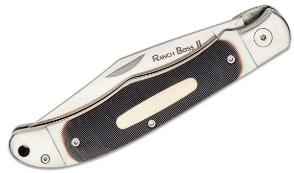 Ranch Boss II Folding Knife 4" SK-5 Clip Point Blade, Faux Sawed Bone Handle with Stainless Steel Bolsters, Leather Sheath, Liner Lock 20NPM1 - Image 2