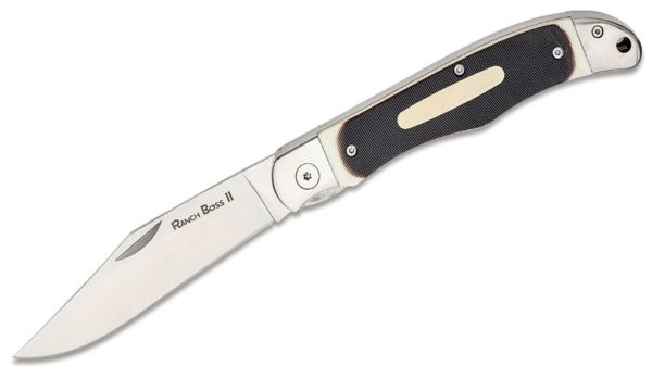 Ranch Boss II Folding Knife 4" SK-5 Clip Point Blade, Faux Sawed Bone Handle with Stainless Steel Bolsters, Leather Sheath, Liner Lock 20NPM1