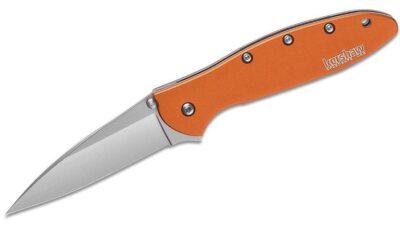 Ken Onion Leek Assisted Flipper Knife 3" Bead Blast Plain Blade, Orange Aluminum Handle, Liner Lock 1660OR