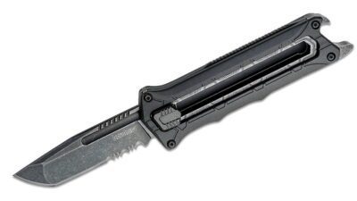Interstellar Manual OTF Knife 2.7" BlackWashed Tanto Combo Blade, Black GFN Handle, Slide Lock 1195
