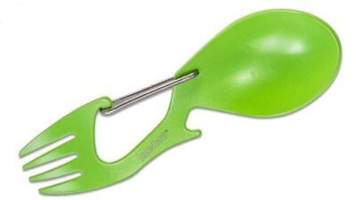 Ration Green Multi Tool Spork, Stainless Steel Spoon, Fork, Carabiner and Bottle Opener, Regular and XL Length 1140GRNX
