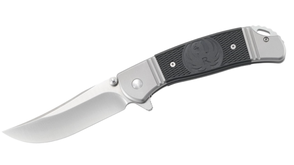 Ruger Hollow-Point Flipper Knife 3.614" Satin Clip Point Blade, Stainless Steel Handle with Plastic Inserts, Frame Lock R2301