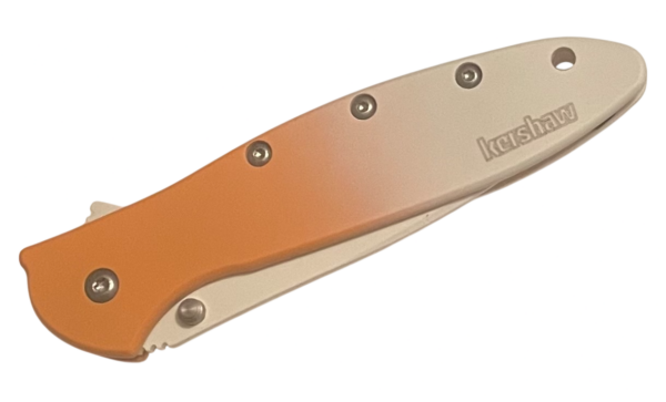 Leek Folding Knife Creamsicle MagnaCut Blade Steel, Orange and White Cerakote Handle 1660CS - Image 3