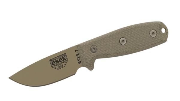 Desert Tan Plain Edge Fixed Blade Knife, Rounded Pommel, OD Green Sheath, Clip Plate ESEE-3PM-DT