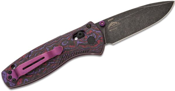 Mini Barrage AXIS-Assisted Folding Knife 2.91" S90V Black DLC Battlewash Drop Point Plain Blade, Purple Haze FatCarbon Handle 585BK-251 - Image 2