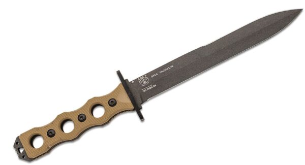 SOCP Fixed Blade Knife 7.11" CPM-3V Black Double Edge Plain Dagger Blade, Desert Tan G10 Handle, Injection Molded Sheath 185BK-1 - Image 2