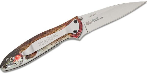 Ken Onion Leek Assisted Liner Lock Flipper Knife 3" 14C28N Bead Blast Plain Blade, Rainbow Trout Aluminum Handle 1660TROUT - Image 2