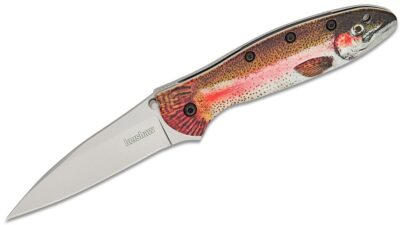 Ken Onion Leek Assisted Liner Lock Flipper Knife 3" 14C28N Bead Blast Plain Blade, Rainbow Trout Aluminum Handle 1660TROUT