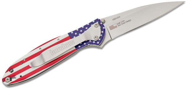 Ken Onion Leek Assisted Liner Lock Flipper Knife 3" 14C28N Bead Blast Plain Blade, USA Flag Aluminum Handle 1660USA - Image 2