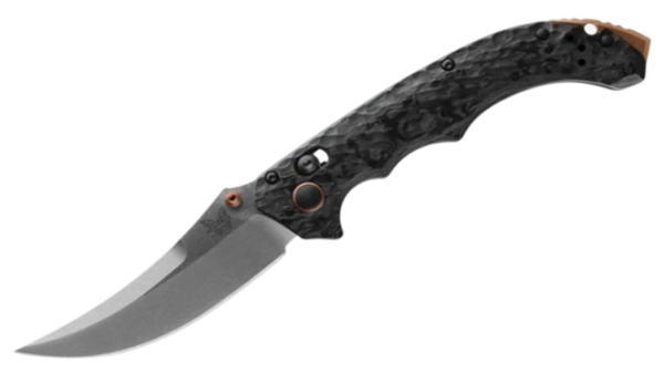 Mini Bedlam AXIS Folding Knife 3.45" S90V Satin Scimitar Blade, Marbled Carbon Fiber Handle 865-02