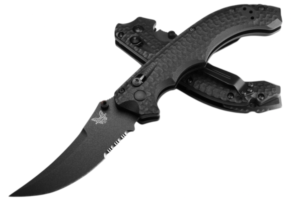 Mini Bedlam AXIS Partially Serrated Folding Knife 3.45" S90V Black Scimitar Blade, Marbled Carbon Fiber Handle 865SBK - Image 4