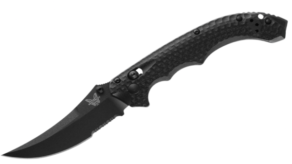 Mini Bedlam AXIS Partially Serrated Folding Knife 3.45" S90V Black Scimitar Blade, Marbled Carbon Fiber Handle 865SBK