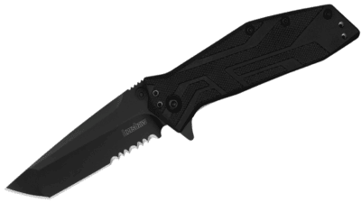 Brawler Serrated Liner Lock Assisted Flipper Knife 3" Black Combo Tanto Blade, Black Glass-Filled Nylon Handle 1990ST