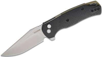 Runoff Button Lock KVT Flipper Knife 3.1" Satin Clip Point Blade, Black Glass-Filled Nylon Handle, Reversible Clip 1429