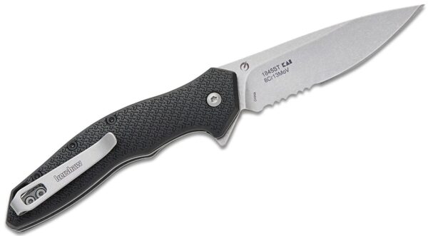 Shoreline Assisted Liner Lock Flipper Knife 3" Stonewashed Drop Point Combo Blade, Black Glass-Reinforced Nylon Handle, Reversible Clip 1845ST - Image 2