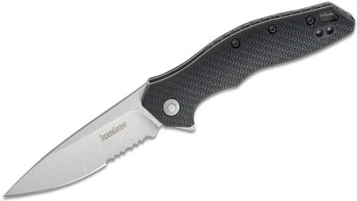Shoreline Assisted Liner Lock Flipper Knife 3" Stonewashed Drop Point Combo Blade, Black Glass-Reinforced Nylon Handle, Reversible Clip 1845ST