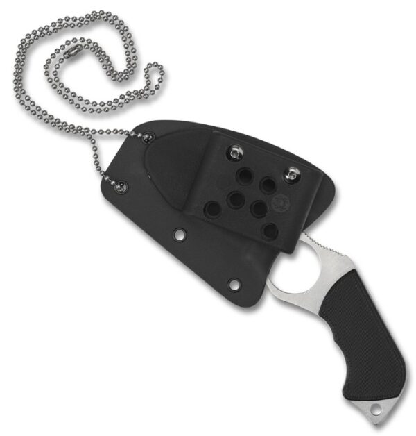 Swick 6 Small Fixed Blade, Satin LC200N Wharncliffe Blade w/ Finger Hole & Black G-10 Handle Scales, Black Molded Boltaron Sheath w/ Adjustable G-Clip & Breakaway Ball Chain FB14P6 - Image 4