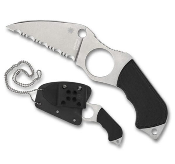 Swick 6 Serrated Small Fixed Blade,  Black G-10 Handle Scales, Stonewash LC200N, Black Molded Boltaron Sheath w/ Adjustable G-Clip & Breakaway Ball Chain FB14S6 - Image 4
