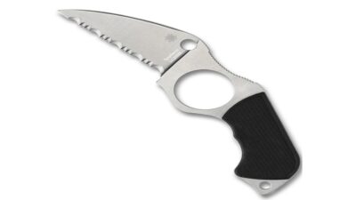 Swick 6 Serrated Small Fixed Blade,  Black G-10 Handle Scales, Stonewash LC200N, Black Molded Boltaron Sheath w/ Adjustable G-Clip & Breakaway Ball Chain FB14S6
