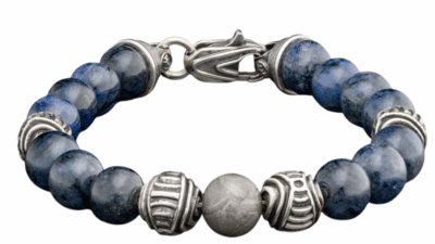 Celestial Blue Dumortierite with Meteorite and Silver Embellished Beads BB66 BDM