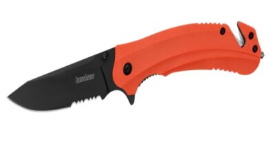 Barricade Assisted Folding  Knife 3.5" Black Clip Point Combo Blade, Orange GFN Handle, Strap Cutter, Liner Lock 8650ST