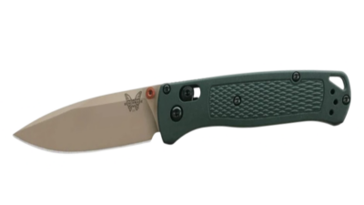 Bugout AXIS Folding Knife 3.24" Elmax Tan Cerakote Drop Point Blade, Taiga Green Grivory Handle 535TN-2601