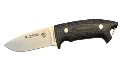 K-2 Bushcraft Fixed Blade Knife Satin Bohler N690 SS Blade Black Canvas Micarta Handle Black Leather Belt Sheath 1329-TGRF1-U1