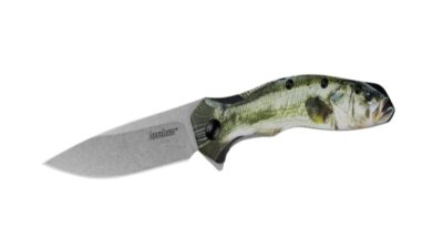 Shoreline Assisted Flipper Knife 3" Stonewashed Drop Point Plain Blade, Bass CCI 3D Contoured Aluminum Handle, Reversible Clip, Liner Lock 1845BASS